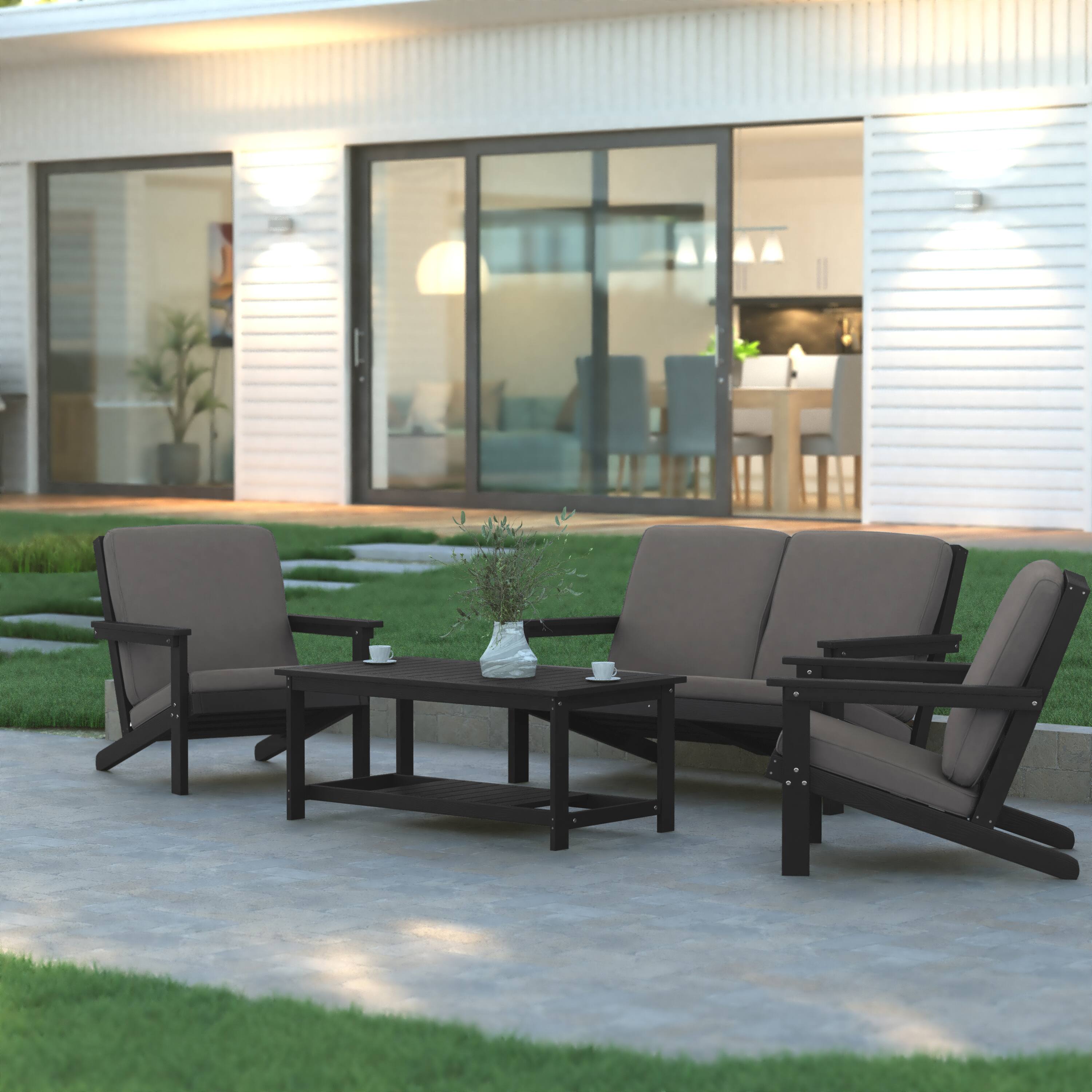 Alt View 4. Emma + Oliver - Hammond All-Weather Polyresin Adirondack Loveseat with Deep Seat and Comfortable Back & Seat Cushions - Gray Cushions/Black Frame.