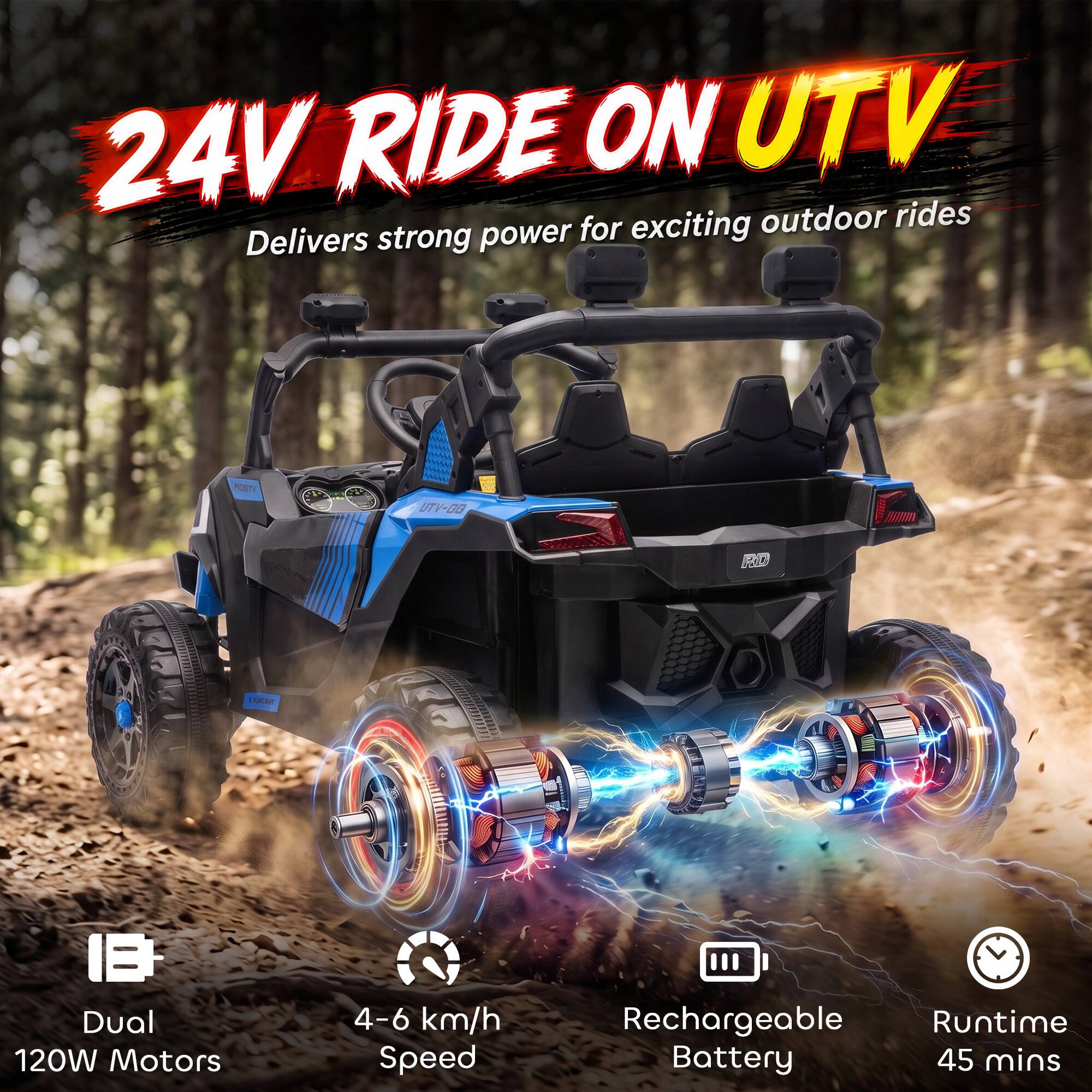 24V RIDE ON UTV for exciting outdoor rides Delivers strong power

MOSIV
UTV-GB
RD
EVARTH

18+ Dual 120W Motors
4-6 km/h Speed
Rechargeable Runtime Battery 45 mins