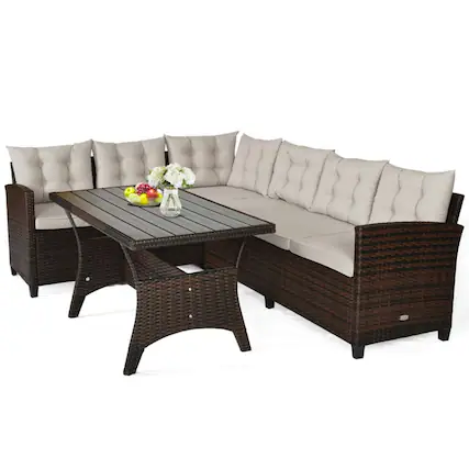 Front. Pefilos - 3 Pieces Hand-Woven Rattan Outdoor Sofa Set with Dining Table, Outdoor Sofa Set with Steel Frame and Hand-Woven Ratt - Brown.