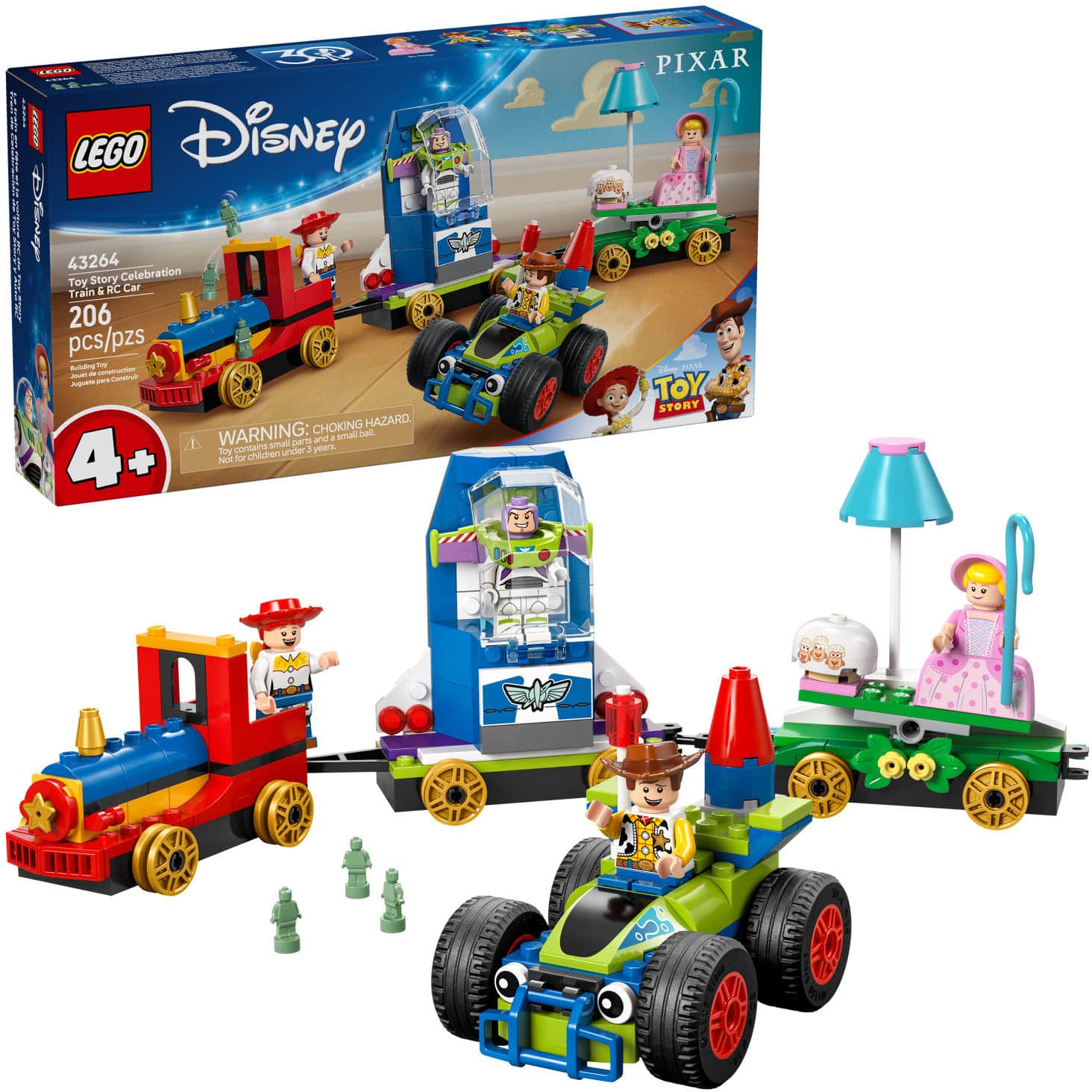 LEGO Disney Pixar
43264 Toy Story Celebration Train & RC Car
206 pcs/pzs
4+
WARNING: CHOKING HAZARD. Toy contains small balls. Not for children under 3 years.