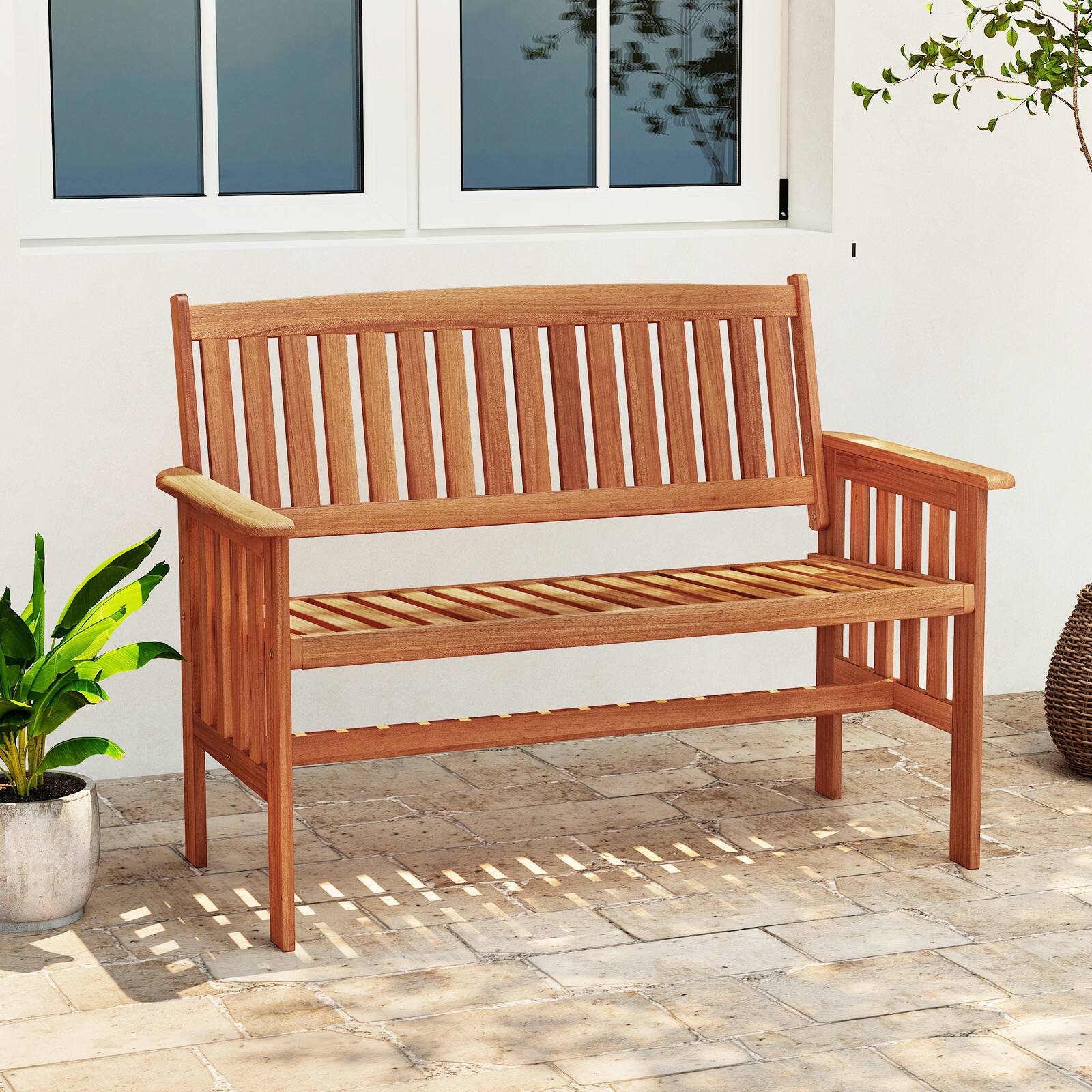 Alt View 3. Gymax - Gymax Outdoor Wood Garden Bench w/Backrest Armrests & Slatted Seat for Front Porch - Yellow.