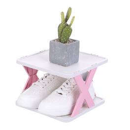 Unique Bargains - 2-Tier Plastic Shoe Rack, Vertical Stackable Folding Narrow Shelf for Closet Entryway Garage - Pink/White