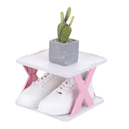 Front. Unique Bargains - 2-Tier Plastic Shoe Rack, Vertical Stackable Folding Narrow Shelf for Closet Entryway Garage - Pink/White.