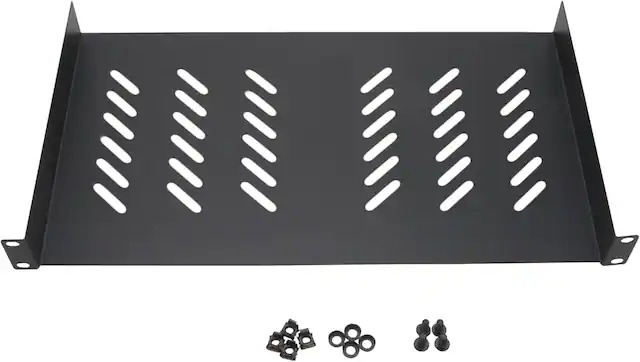 Front. Cables Direct Online - 1U 19" Universal Vented Server Rack Shelf - 10" (250mm) Deep Steel Tray No-Lip, 11 lb Max Capacity - Black.