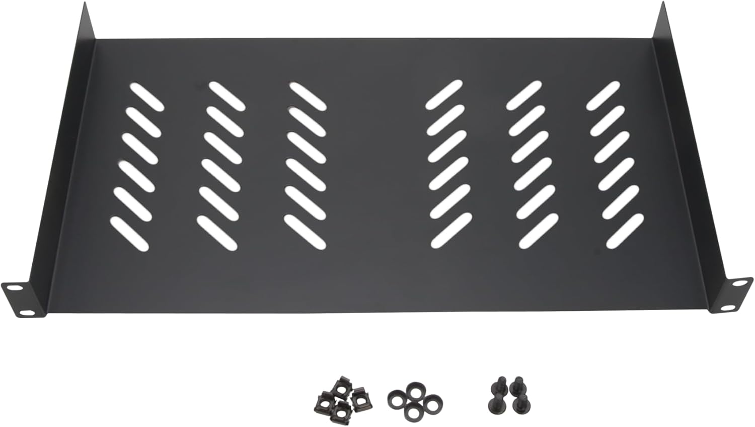 Front. Cables Direct Online - 1U 19" Universal Vented Server Rack Shelf - 10" (250mm) Deep Steel Tray No-Lip, 11 lb Max Capacity - Black.