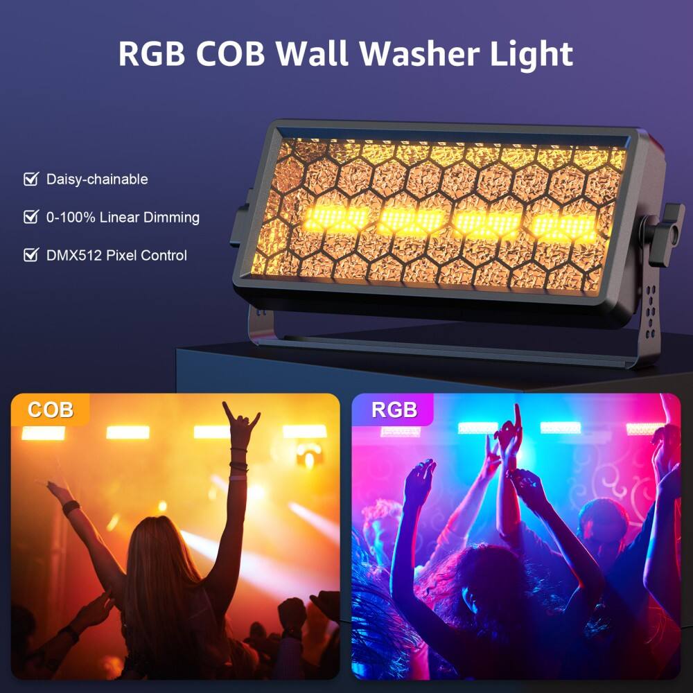 RGB COB Wall Washer Light

- Daisy-chainable
- 0-100% Linear Dimming
- DMX512 Pixel Control

COB

RGB