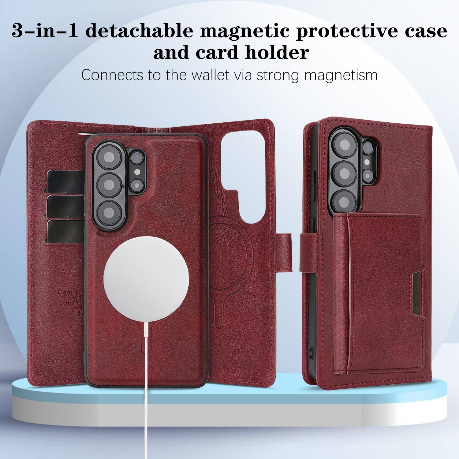 3-in-1 detachable magnetic protective case and card holder  
Connects to the wallet via strong magnetism