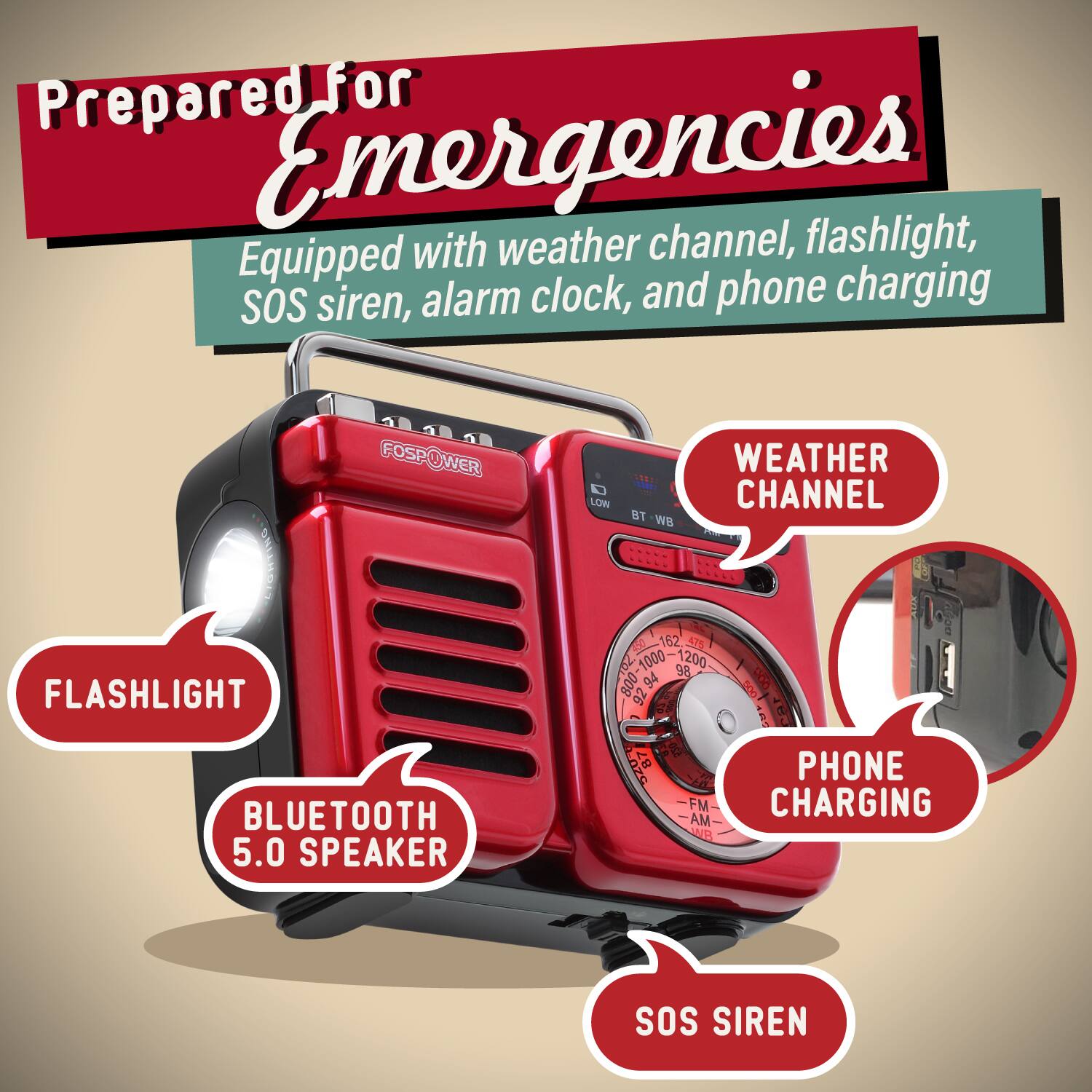 Prepared for Emergencies
Equipped with weather channel, flashlight, SOS siren, alarm clock, and phone charging
FOSPOWER
WEATHER CHANNEL
FLASHLIGHT
BLUETOOTH 5.0 SPEAKER
PHONE CHARGING
SOS SIREN