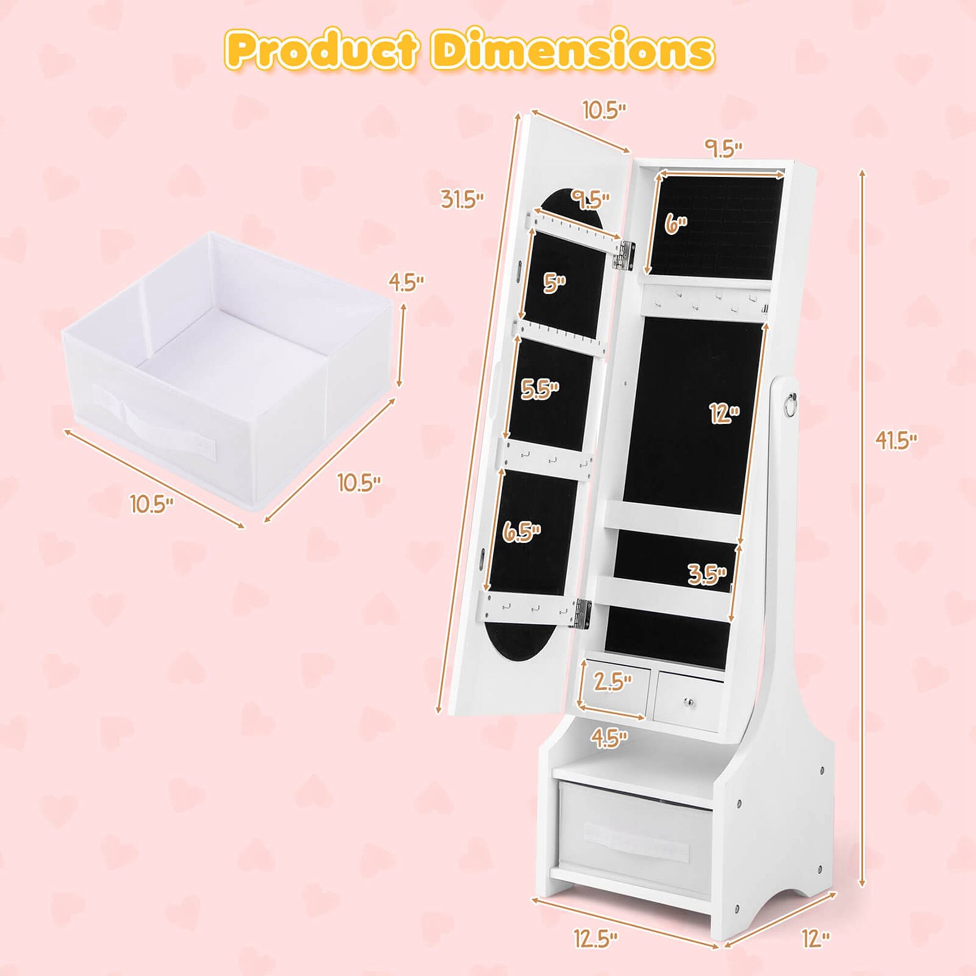 Product Dimensions: 10.5", 9.5", 31.5", 9.5", 4.5", 5", 5.5", 12", 41.5", 10.5", 10.5", 6.5", 3.5", 2.5", 4.5", 12.5", 12"