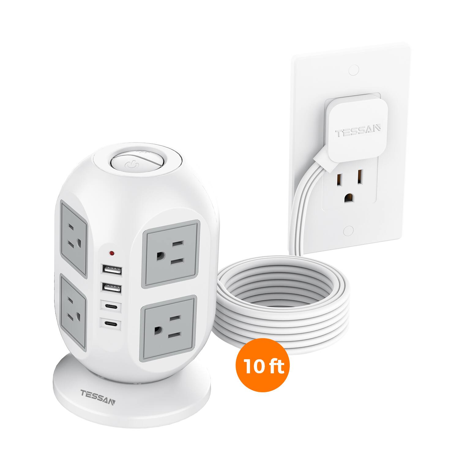 TESSAN - 10 Ft Flat Extension Cord Plug,Tower Surge Protector Power Strip with 8 Outlets and 4 USB Ports ( 2USB-C ) - Grey White