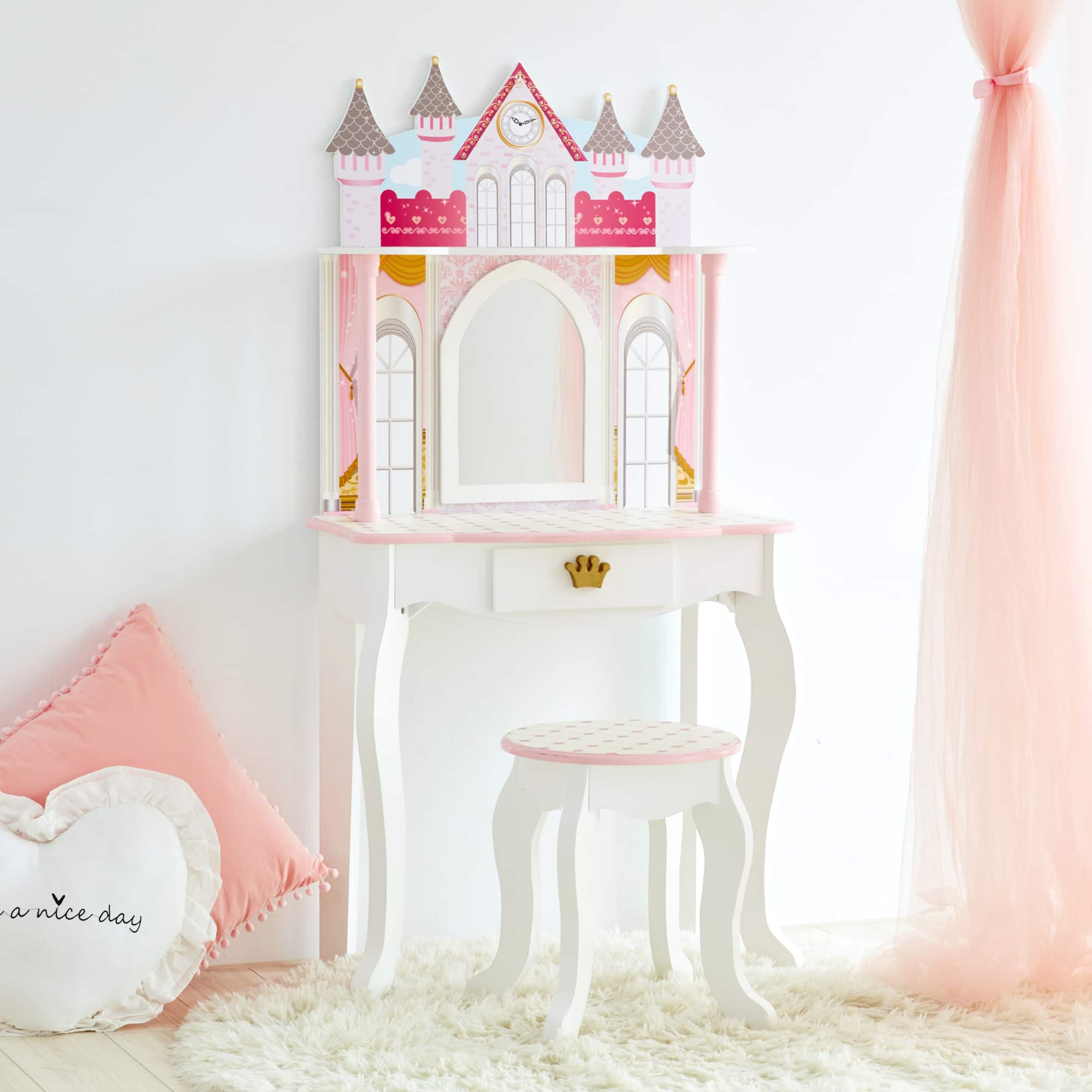Teamson Kids - Fantasy Fields Dreamland Castle Kids Vanity Table & Stool, White & Pink