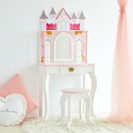 Teamson Kids - Fantasy Fields Dreamland Castle Kids Vanity Table & Stool, White & Pink