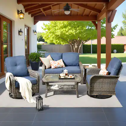 Front. Ovios - 5 PCS Outdoor Wicker Patio Furniture Set, Comfy Loveseat with Swivel Chair & Coffee Table - Denim Blue.