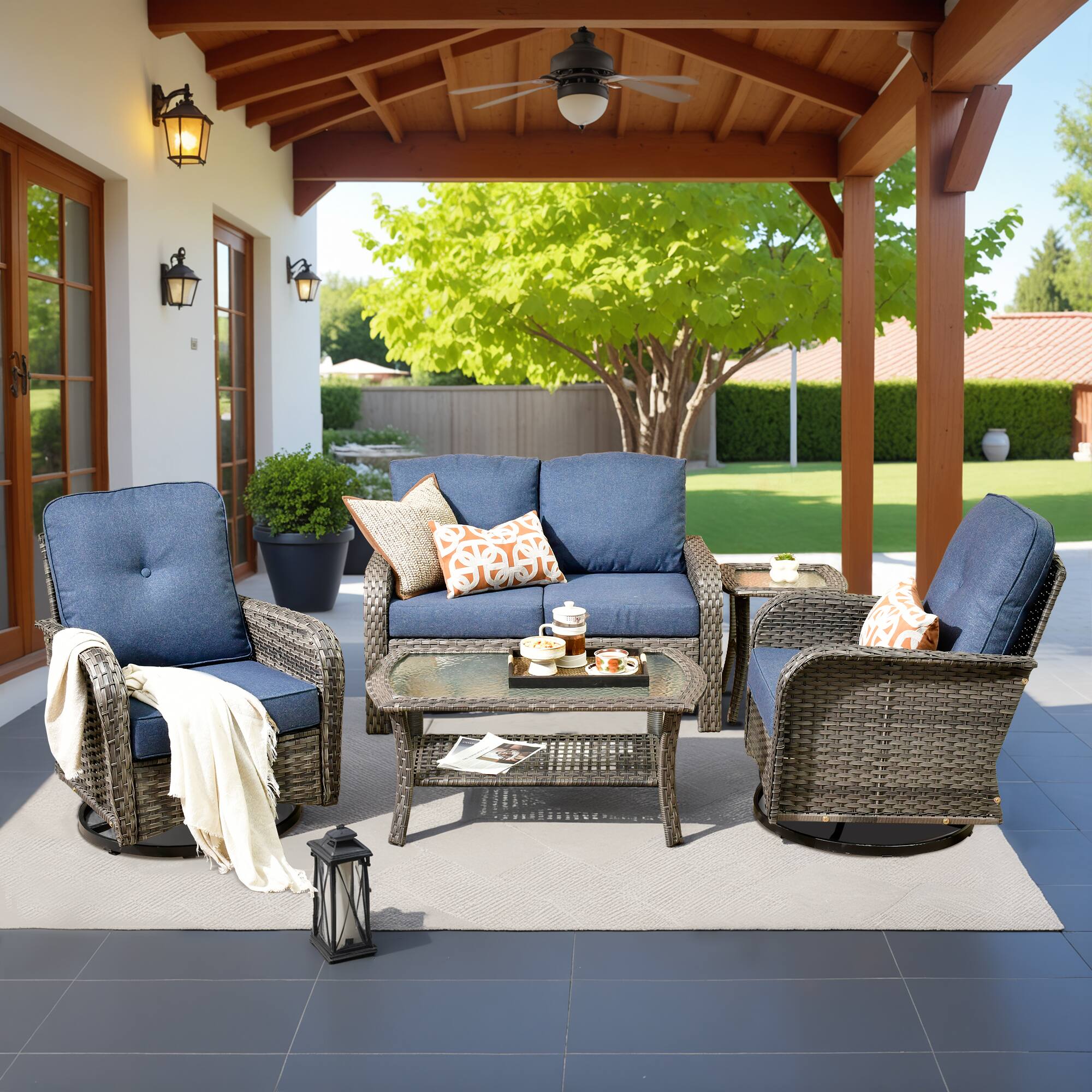 Front. Ovios - 5 PCS Outdoor Wicker Patio Furniture Set, Comfy Loveseat with Swivel Chair & Coffee Table - Denim Blue.
