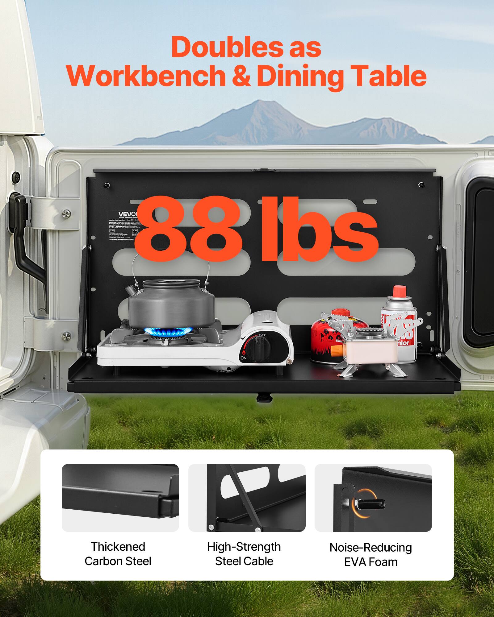 Doubles as Workbench & Dining Table  
VEVO  
88 lbs  
Thickened Carbon Steel  
High-Strength Steel Cable  
Noise-Reducing EVA Foam