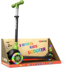 Campior - Mini 3-Wheel Kids Scooter – LED Wheels, Lean-to-Steer, Adjustable Handlebar, Anti-Slip Deck, Rear Brake, for Ages 2+ - Black & Green