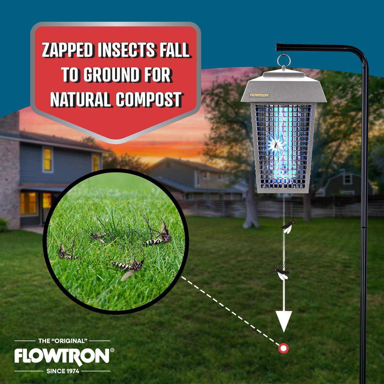 ZAPPED INSECTS FALL TO GROUND FOR NATURAL COMPOST

THE "ORIGINAL" FLOWTRON SINCE 1974