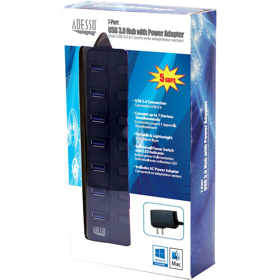 ADESSO 7-Port USB 3.0 Hub with Power Adapter  
USB 3.0 7 ports avec Adapter adaptateur secteur 5 GBPS USB 3.0 Connection Connexion UB 3.0  
Connect up to 7 Simultaneously Devices Connectez jusqu'à 7 appareils  
Portable & Lightweight liger  
Individual Power Switch with LED Indicator Interrupteur d'alimentation avec indicateur LED  
Includes AC Power Comprend un adaptateur secteur  
ADESSO 7-Port USB 3.0 Hub with Power Adapter  
Compatible Mac