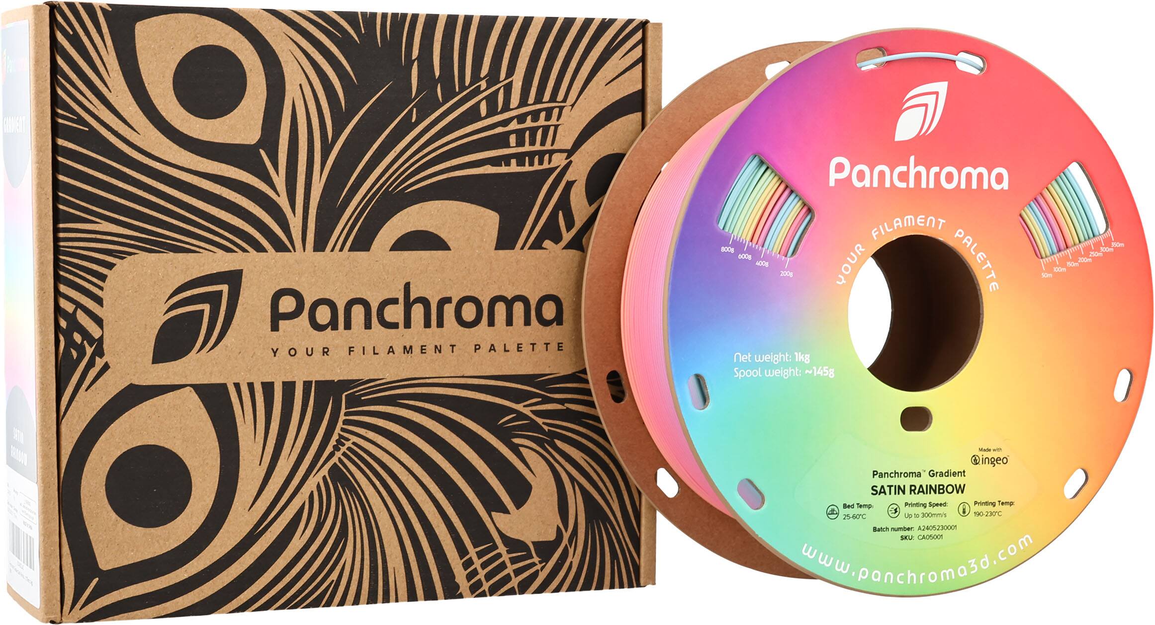 WEIT Panchroma YOUR FILAMENT PALETTE Panchroma FILAMENT 800g 600g PALETTE 200g YOUR Net weight: 1kg Spool weight: ~145g 300ml 250m MIM start with @ingeo Panchroma Gradient SATIN RAINBOW Bed Temp Printing Speed: Printing Temp: 3 i 190-230C 25-60C Up = 300mm/s Batch number: A2405230001 SEL CA0S001 [www.panchroma5d.com](http://www.panchroma5d.com)