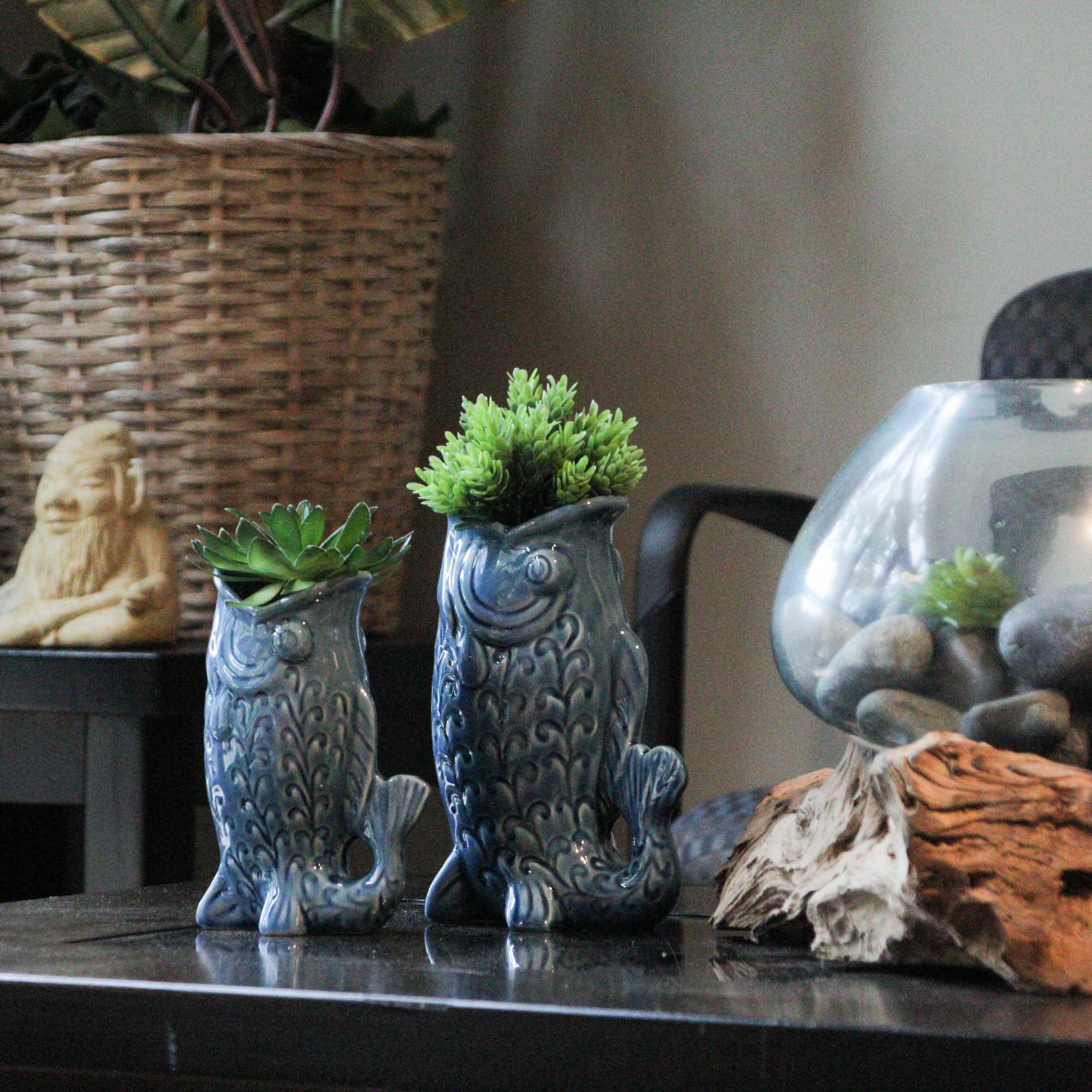 Alt View 5. Zeckos - Blue Fish Decorative Vases Set of 2 Glossy Ceramic Coastal Tabletop - Blue.
