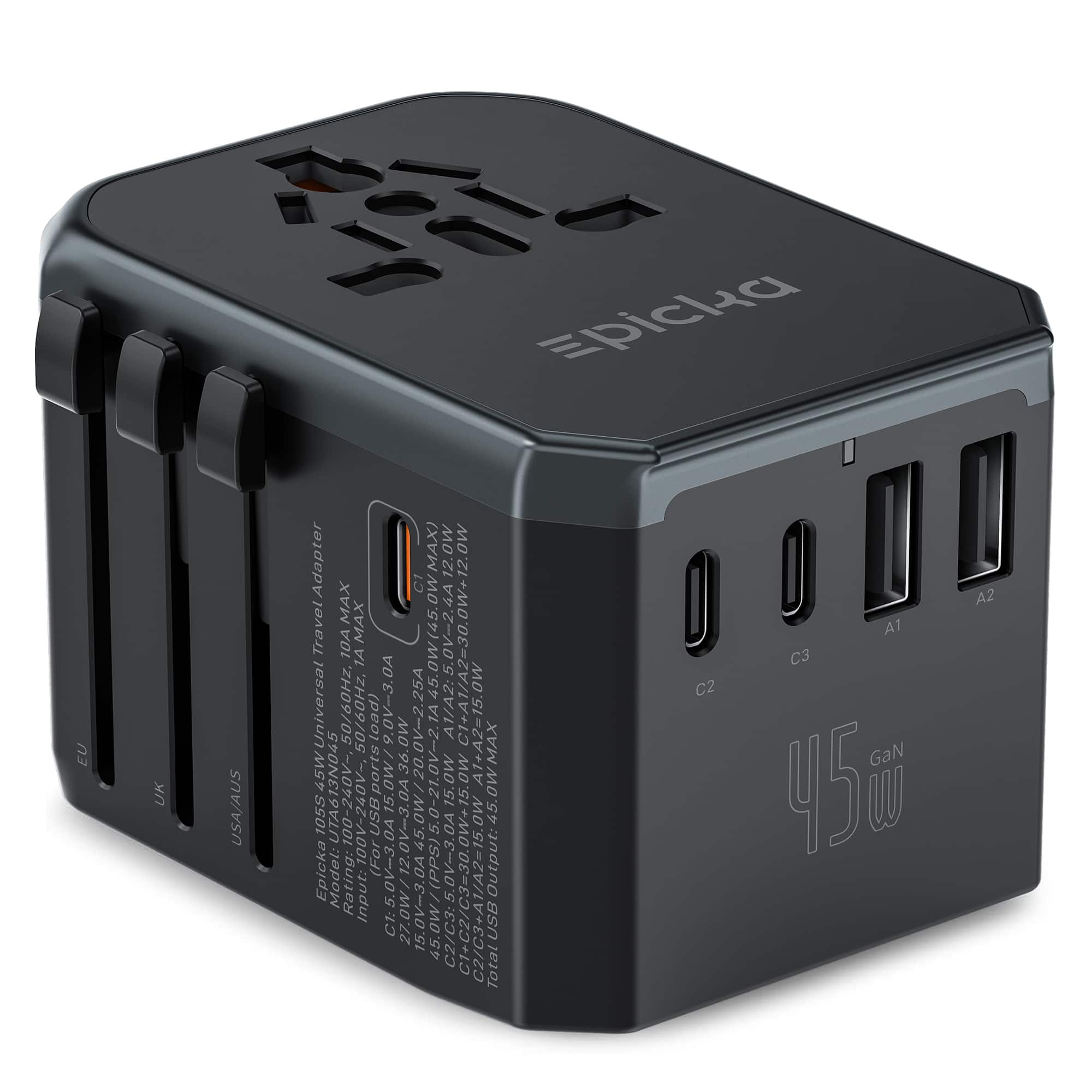 Epicka - GaN 45W Universal Travel Adapter, European Travel Plug Adapter with PD&QC Fast Charging(2 USB-A & 3 USB-C) - Black