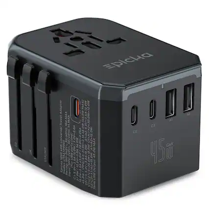 Sure, here is the corrected and grouped text from the image:
---
**EU UK USA/AUS**
**Epicka MAX**
**45W GaN**
**Universal Travel Adapter**
**Model: 10055-1W-100**
**Rating: 45W**
**Input: 100-240V~ 50/60Hz**
**Output:**
- **C1+C2/C3=30.0W**
- **C1: 5.0V-3.0A (15.0W)**
- **C2: 5.0V-3.0A (15.0W)**
- **C3: 5.0V-3.0A (15.0W)**
- **A1/A2=15.0W**
- **A1: 5.0V-3.0A (15.0W)**
- **A2: 5.0V-3.0A (15.0W)**
- **C1+C2/C3+A1/A2=30.0W+