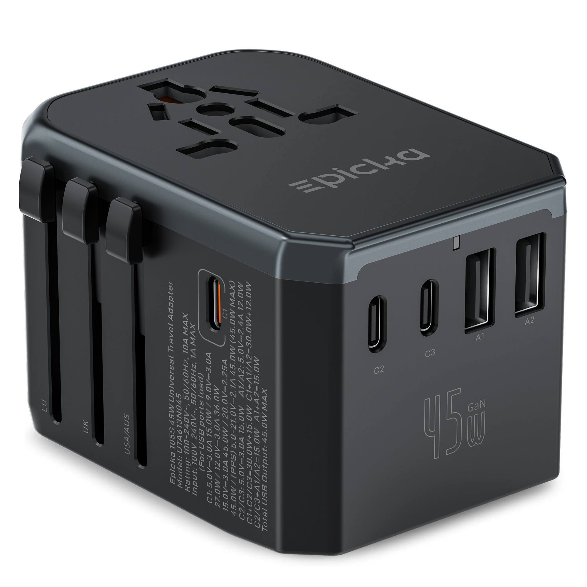 Epicka - GaN 45W Universal Travel Adapter, European Travel Plug Adapter with PD&QC Fast Charging(2 USB-A & 3 USB-C) - Black