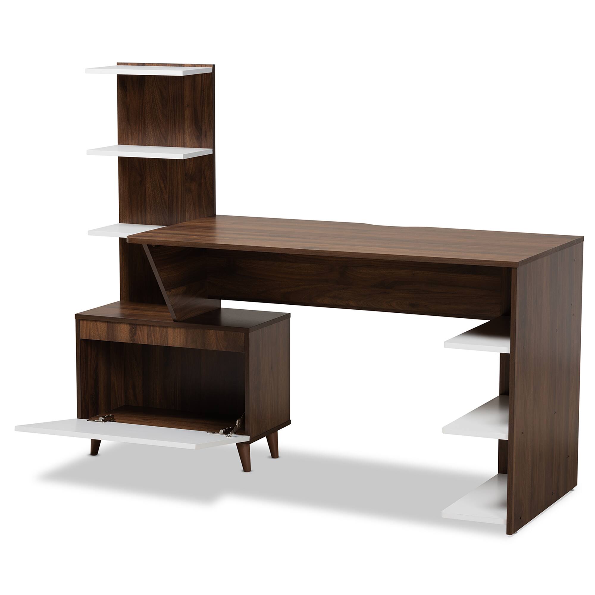 Angle. Baxton Studio - Tobias Mid-Century Modern Finished Wood Storage Computer Desk with Shelves - White/Walnut Brown.