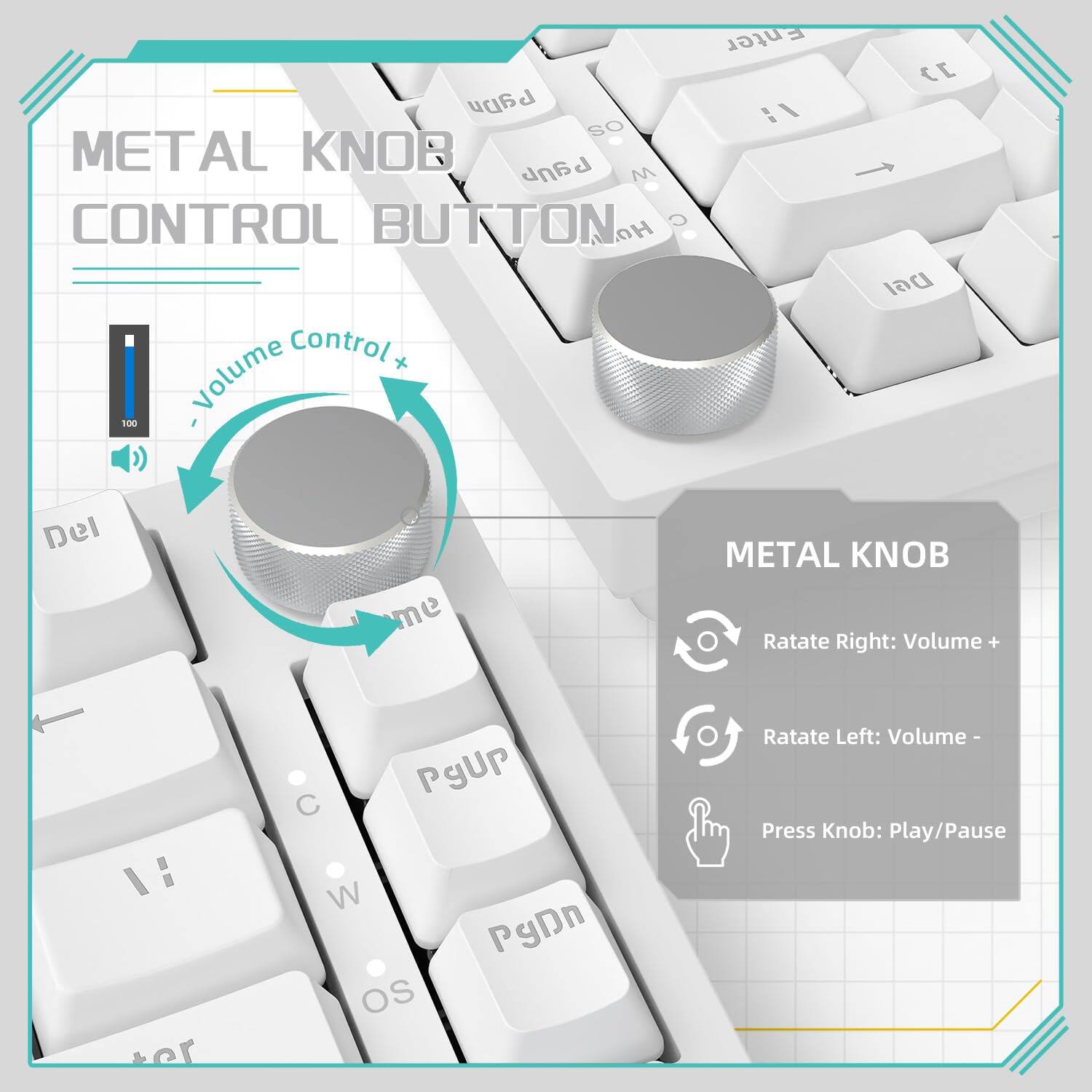 **METAL KNOB CONTROL BUTTON**

- Volume Control
  - Rotate Right: Volume +
  - Rotate Left: Volume -

**METAL KNOB**
- Rotate Right: Volume +
- Rotate Left: Volume -
- Press Knob: Play/Pause