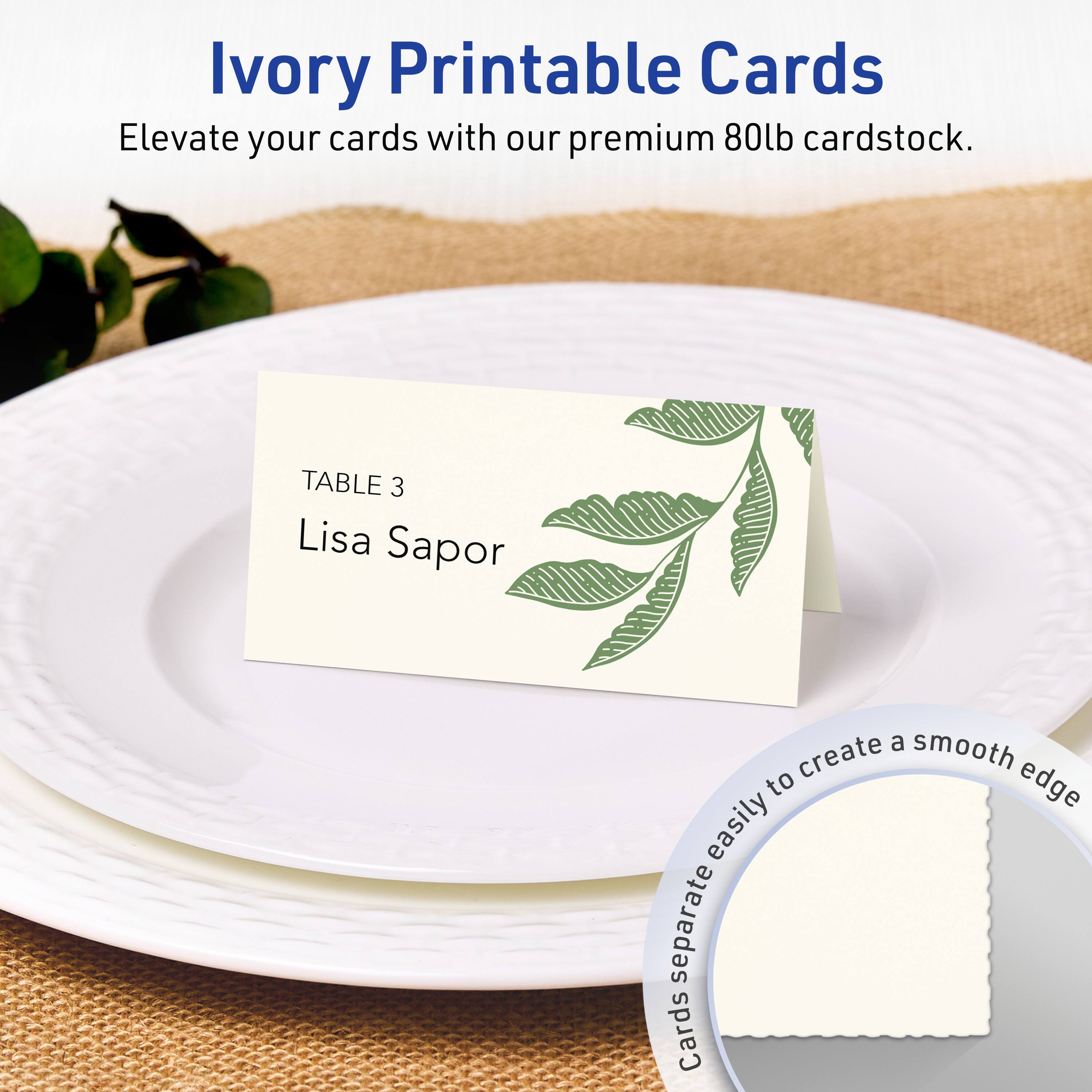 Ivory Printable Cards  
Elevate your cards with our premium 80lb cardstock.  

TABLE 3  
Lisa Sapor  

Cards separate easily to create a smooth edge