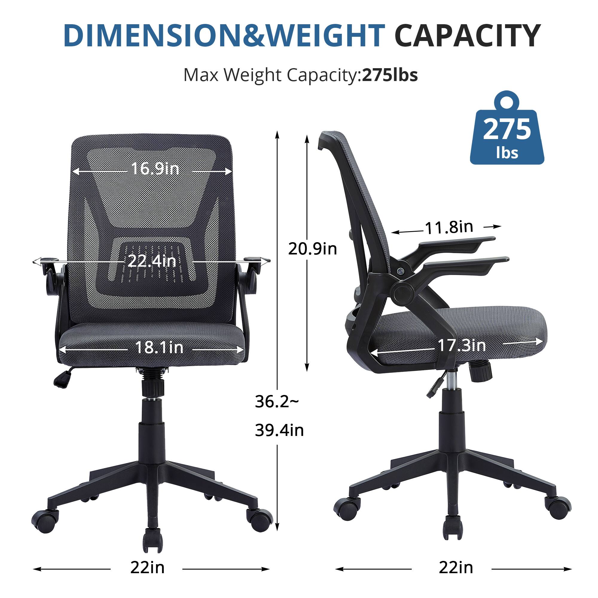 DIMENSION & WEIGHT CAPACITY

Max Weight Capacity: 275 lbs

- 16.9in
- 22.4in
- 18.1in
- 20.9in
- 11.8in
- 17.3in
- 36.2~39.4in
- 22in
- 22in