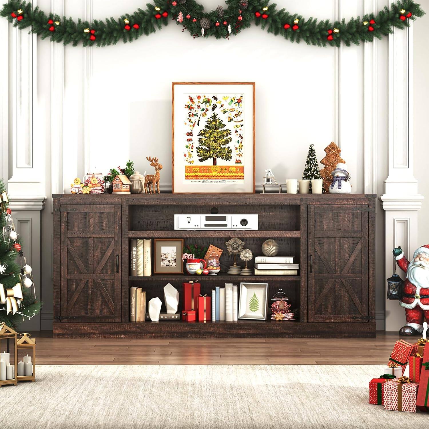 Left. Espafurni - 75" Farmhouse TV Stand w/Power Outlet, 33"H, Adjustable Shelves & Storage – Fits 85" TV - Brown.