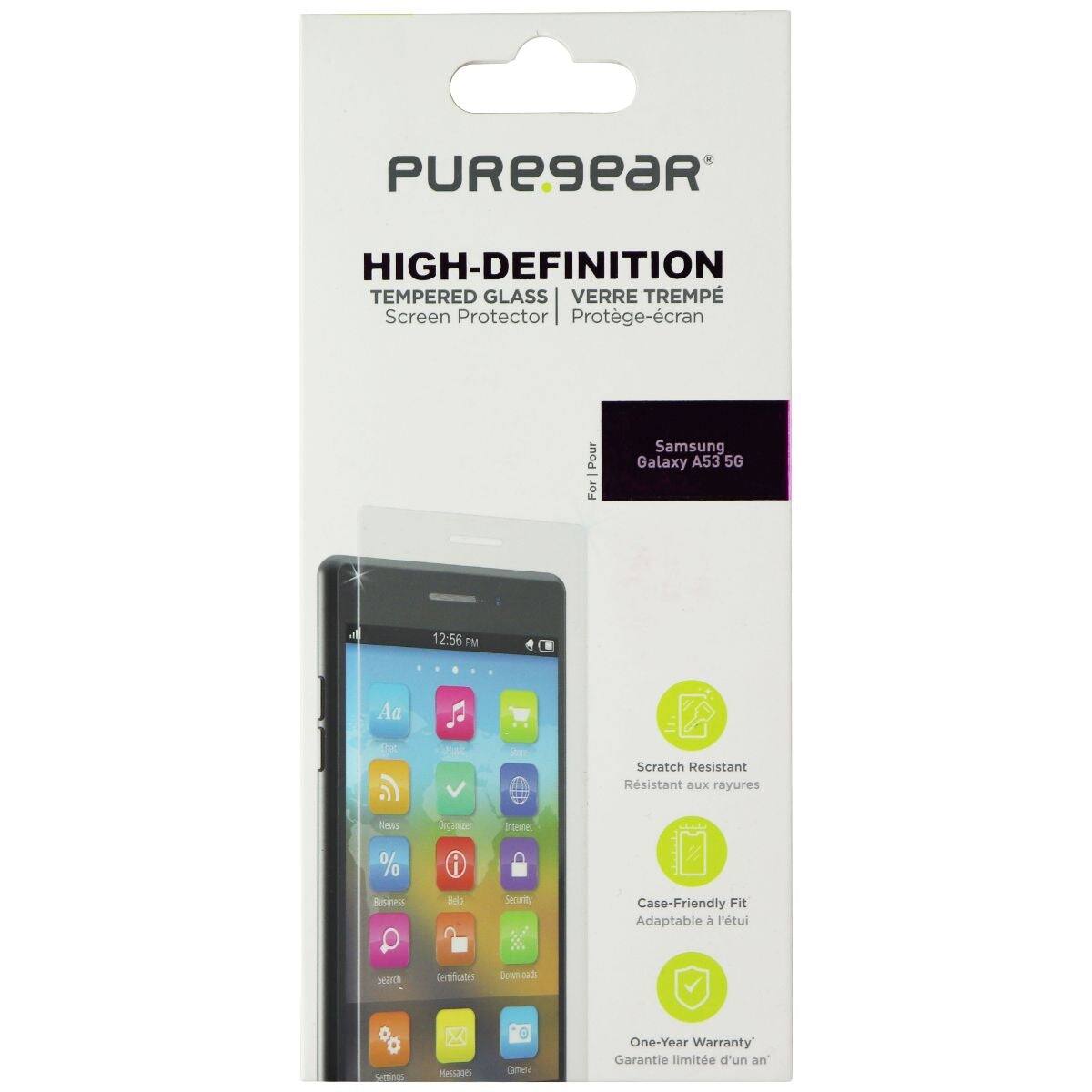PUREgear HIGH-DEFINITION TEMPERED GLASS VERRE TREMPÉ Screen Protector Protège-écran Pour Samsung Galaxy A53 5G

- Scratch Resistant
- Case-Friendly Fit
- One-Year Warranty

12:56 PM

Aa

News

Organizer

Internet

%

Business

Help

Security

Search

Certificates

Downloads

Settings

Messages

Camera