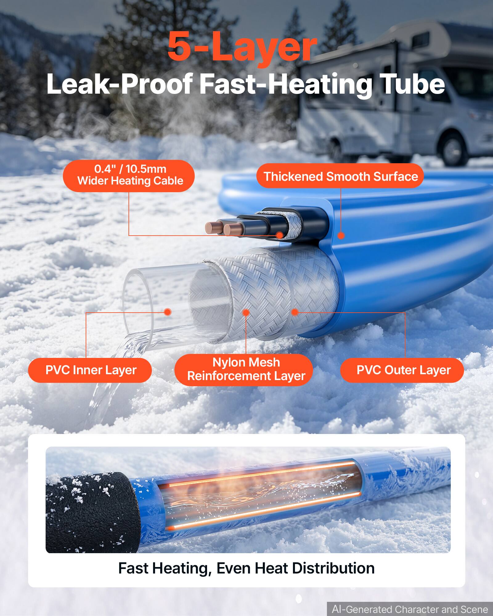 5-Layer Leak-Proof Fast-Heating Tube

0.4" / 10.5mm Wider Heating Cable

Thickened Smooth Surface

PVC Inner Layer

Nylon Mesh Reinforcement Layer

PVC Outer Layer

Fast Heating, Even Heat Distribution

AI-Generated Character and Scene