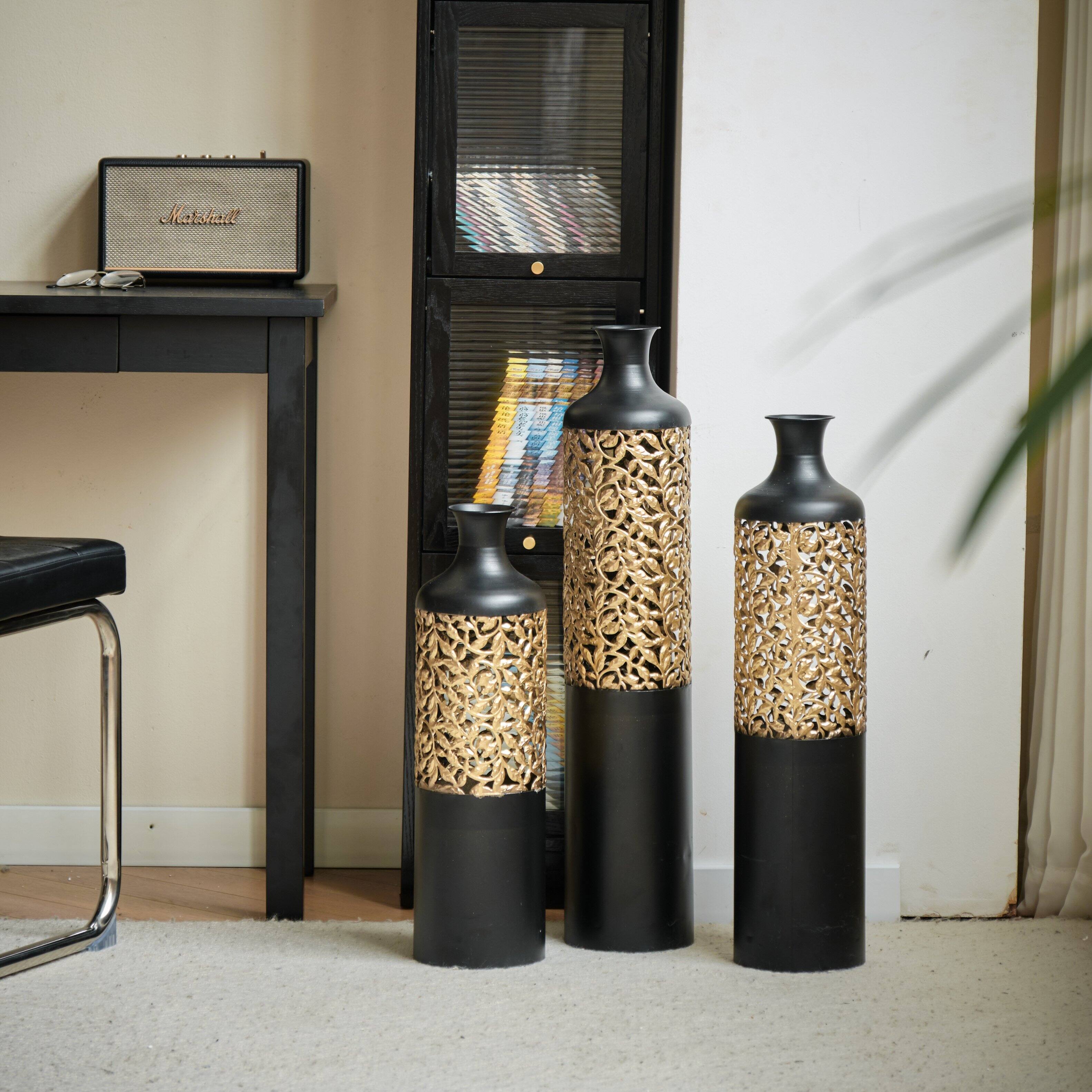 Back. Anysun - White Metal Floor Vases Set of 3 - Glazed Finish, 20.8in/24.8in/28.7in Height for Home Decor - Black.
