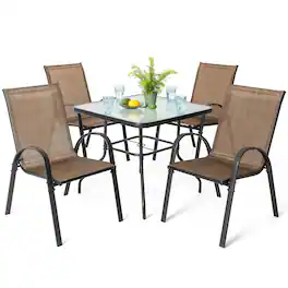 Nuu Garden - 5-Piece Metal and Textilene Square Outdoor Dining Set, 4 Stackable Chairs and Tempered Glass Table with Umbrella Hole - Brown and Transparent