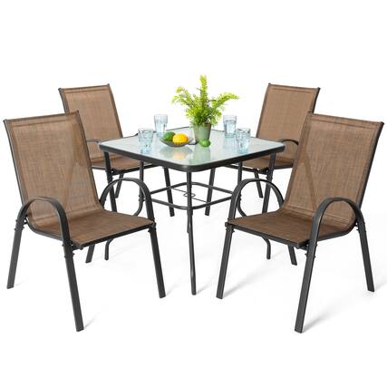 Front. Nuu Garden - 5-Piece Metal and Textilene Square Outdoor Dining Set, 4 Stackable Chairs and Tempered Glass Table with Umbrella Hole - Brown and Transparent.