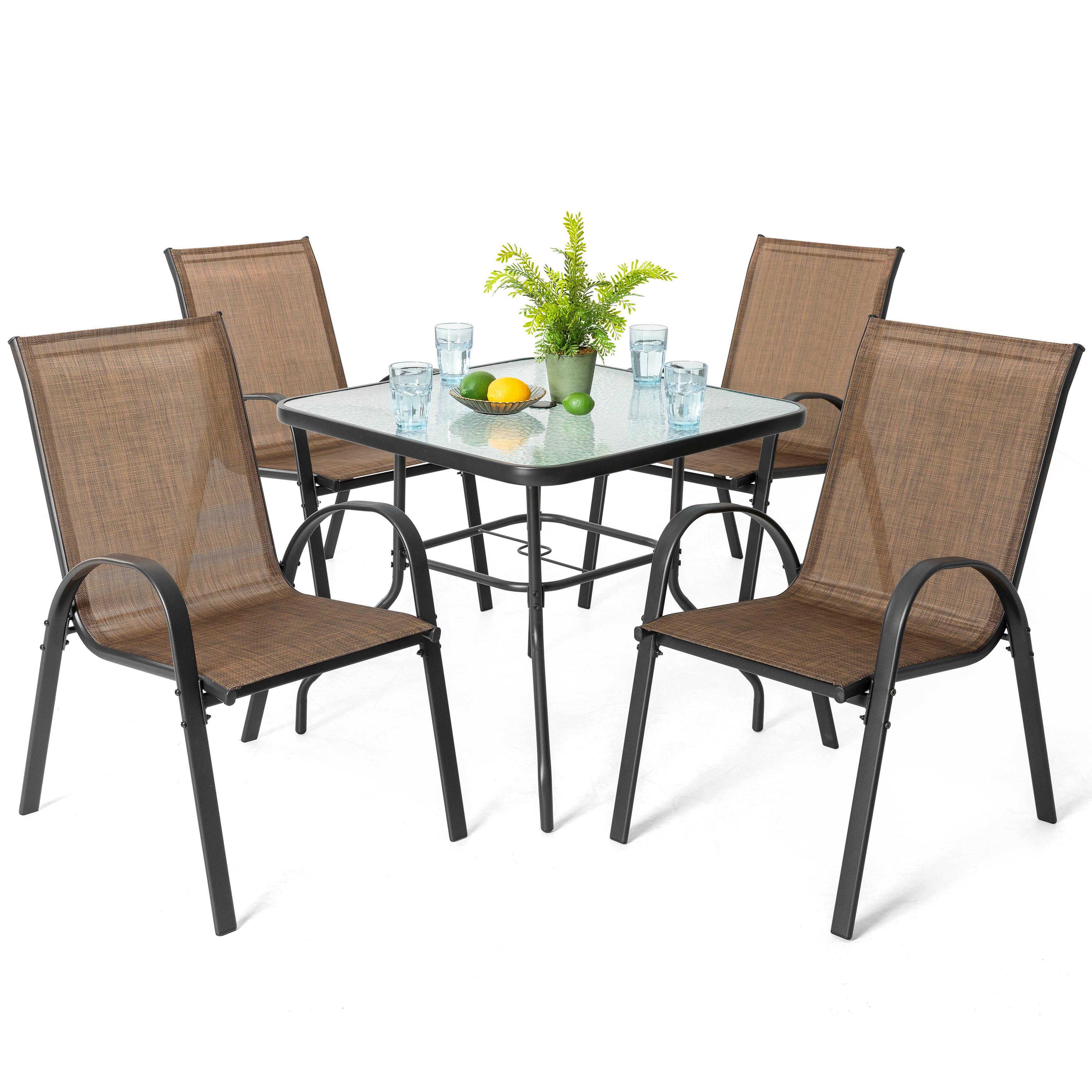 Front. Nuu Garden - 5-Piece Metal and Textilene Square Outdoor Dining Set, 4 Stackable Chairs and Tempered Glass Table with Umbrella Hole - Brown and Transparent.