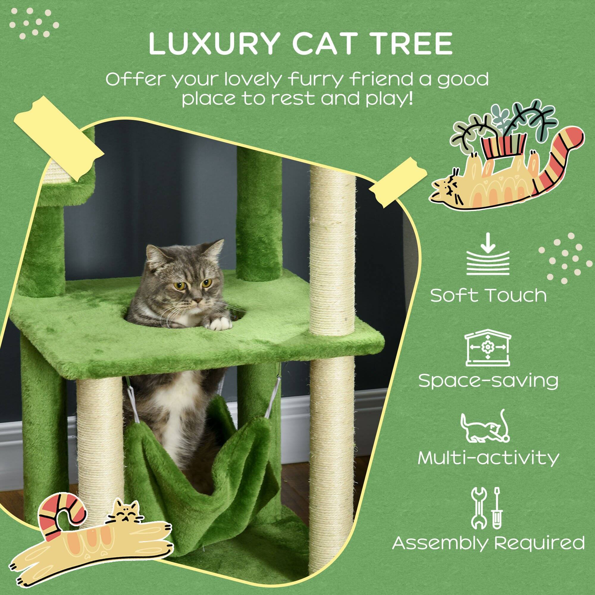 Alt View 1. Pawhut - 56" Multi-Level Cat Tree, Tower with Scratching Post, Hammock, Play Ball & Anti-Tipping Device, Activity Center - Green.