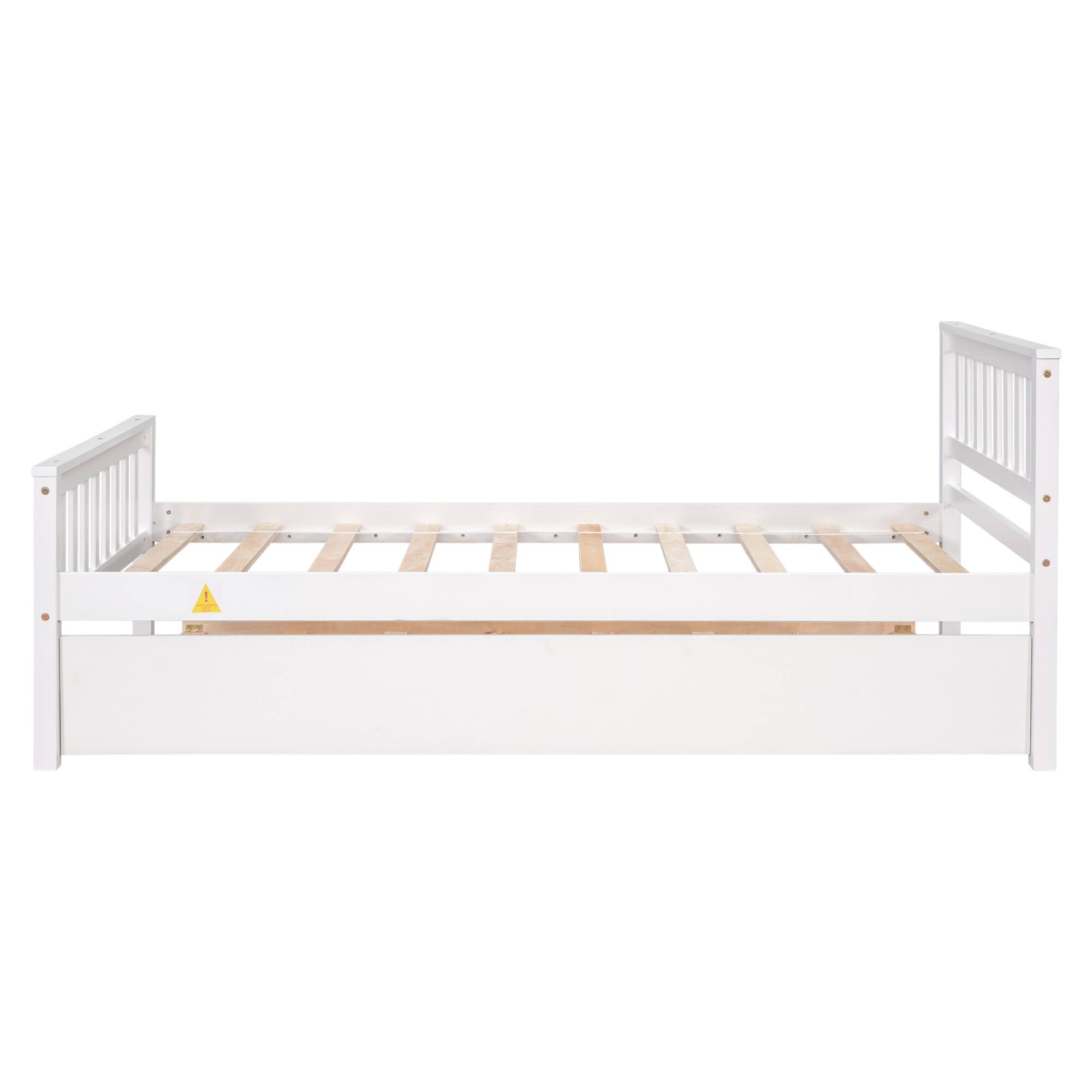 Left. GOODSILO - Space-Saving Twin Platform Bed Frame with Pull-Out Trundle and Headboard for Compact Living Areas - White.