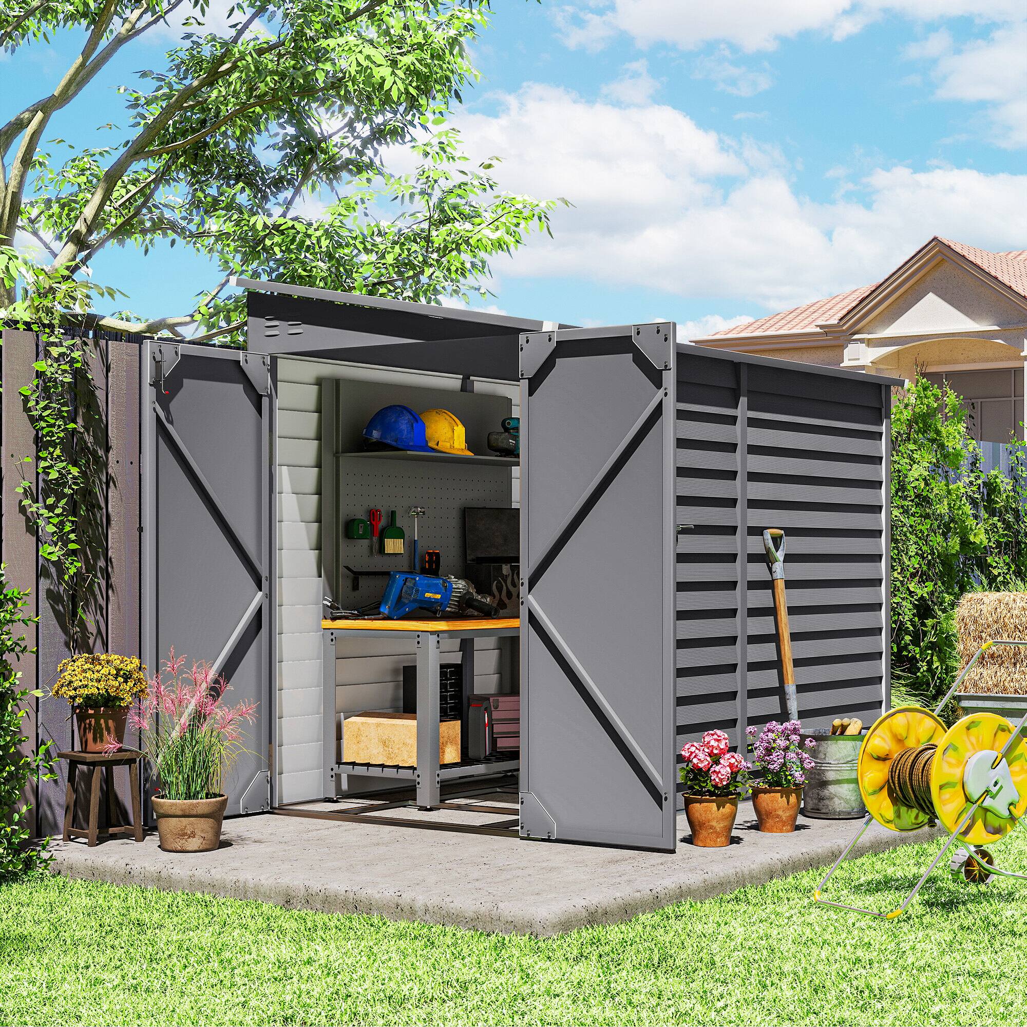 Angle. Outsunny - Outsunny 4.6' x 9' Steel Outdoor Storage Shed, Lean to Shed, Metal Tool House with Foundation Kit - Gray.