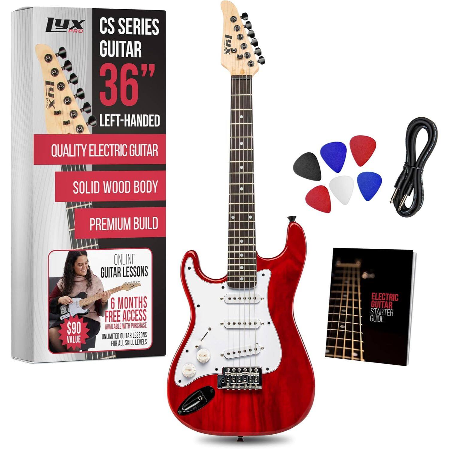 LYX PRO CS SERIES GUITAR M 36" LEFT-HANDED XAI QUALITY ELECTRIC GUITAR SOLID WOOD BODY PREMIUM BUILD ONLINE GUITAR LESSONS + $90 VALUE 6 MONTHS FREE ACCESS AVAILABLE WITH PURCHASE UNLIMITED GUITAR LESSONS FOR ALL SKILL LEVELS ELECTRIC GUITAR STARTER GUIDE 200.00