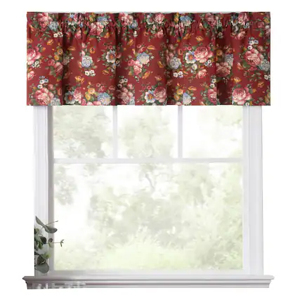 Front. Ellis Curtain - Ellis Bella Rose Stylish Medium Scale Printed Floral Pattern 1.5" Rod Pocket Tailored Valance for Windows 58"x15" Red - Red.