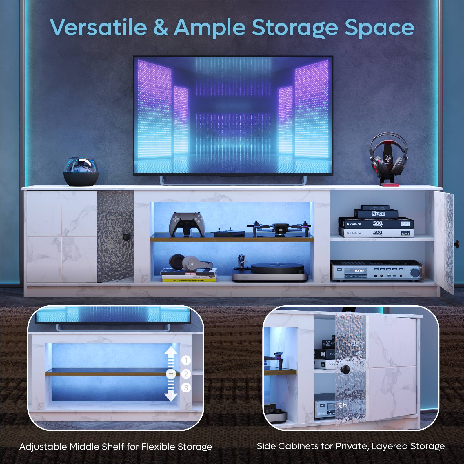 Versatile & Ample Storage Space: Adjustable Middle Shelf for Flexible Storage & Side Cabinets for Private, Layered Storage.