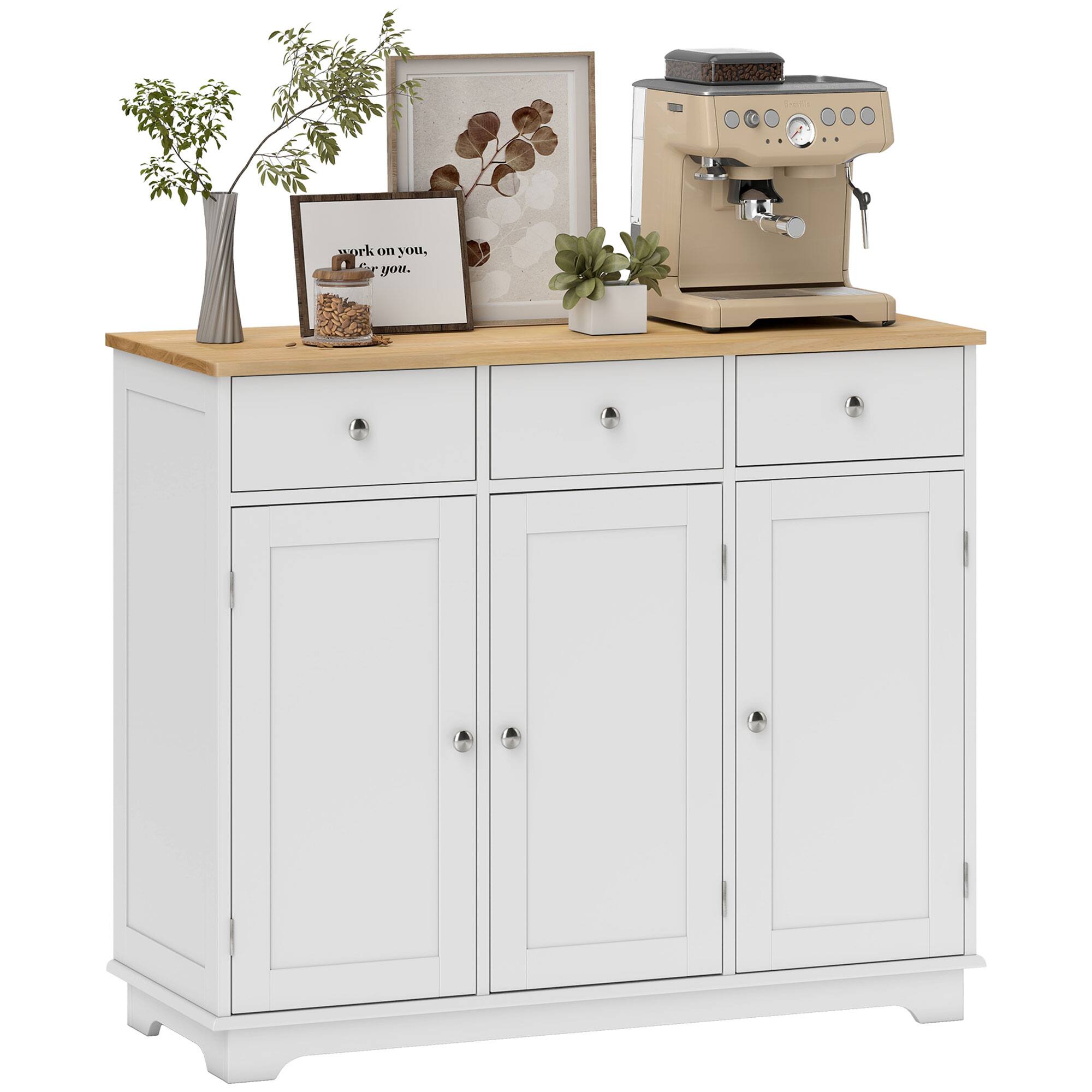Homcom - Sideboard with Solid Wood Countertop, Modern Kitchen Storage Cabinet, Coffee Bar Cabinet with 3 Drawers, Doors - White