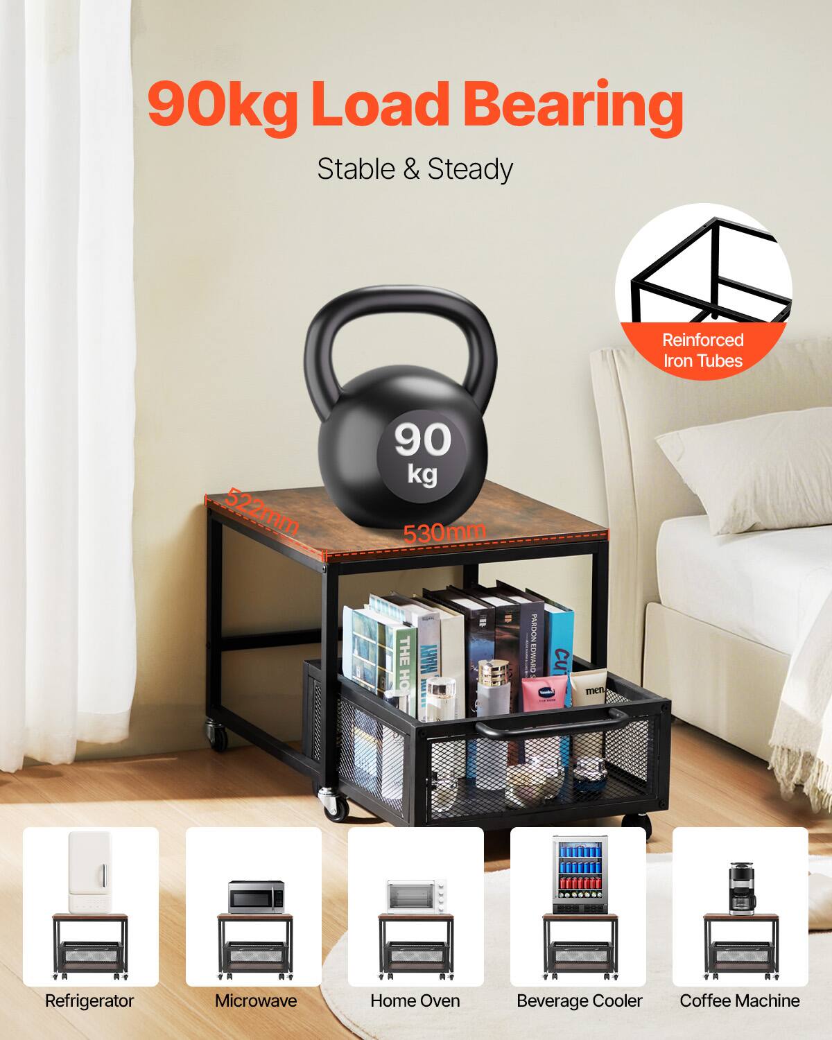 90kg Load Bearing Stable & Steady Reinforced Iron Tubes 522mm 90 kg 530mm
Refrigerator Microwave Home Oven Beverage Cooler Coffee Machine