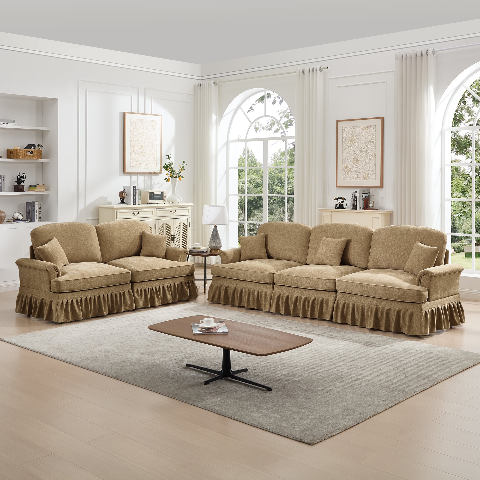 Anysun - Classic 2-Piece Chenille Sofa Set (3+2 Seat Sofa) - Flared Arms, Ruffled Skirt & Spindle Legs for Living Room - Coffee