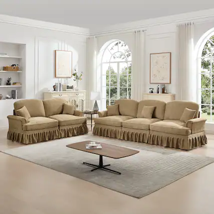 Front. Anysun - Classic 2-Piece Chenille Sofa Set (3+2 Seat Sofa) - Flared Arms, Ruffled Skirt & Spindle Legs for Living Room - Coffee.