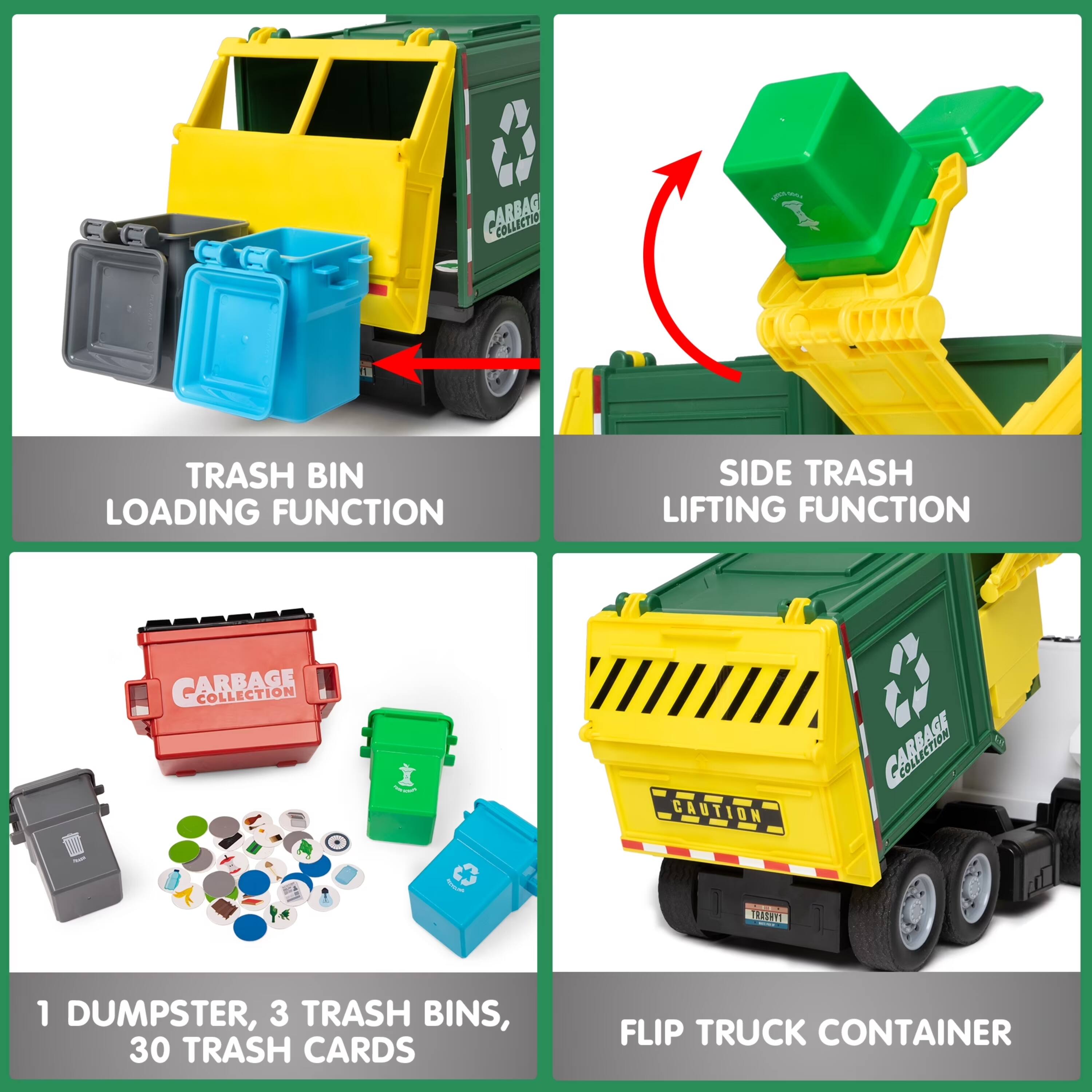 COLLECTION F1 TRASH BIN LOADING FUNCTION SIDE TRASH LIFTING FUNCTION GARBAGE COLLECTION CAUTION CARRAGE ARE BAGE (VRAERTI 1 DUMPSTER, 3 TRASH BINS, 30 TRASH CARDS FLIP TRUCK CONTAINER