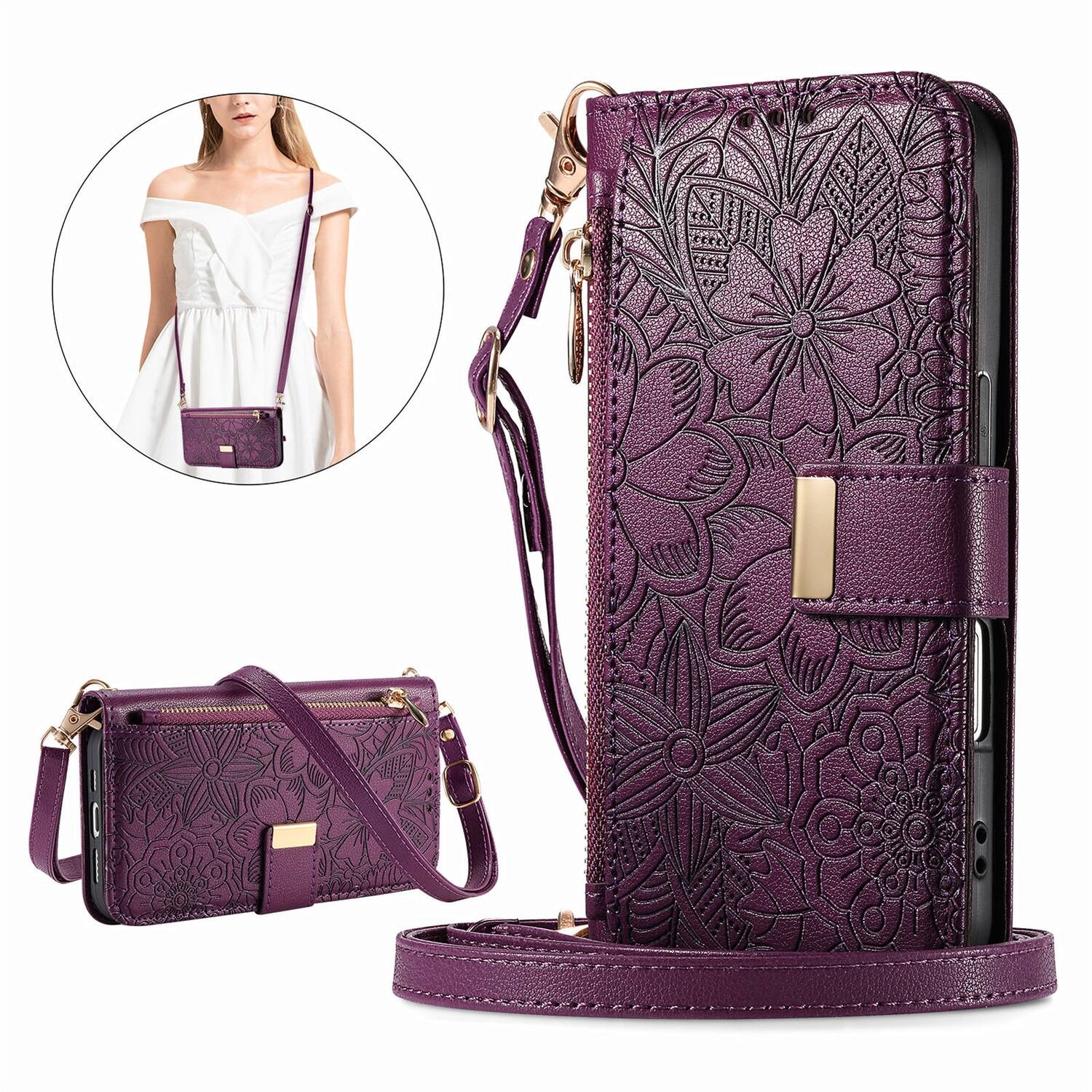 Front. Dteck - Floral Embossed Leather Zipper Cash Slot Wallet Case for Apple iPhone 16 with Detachable Strap - Purple.
